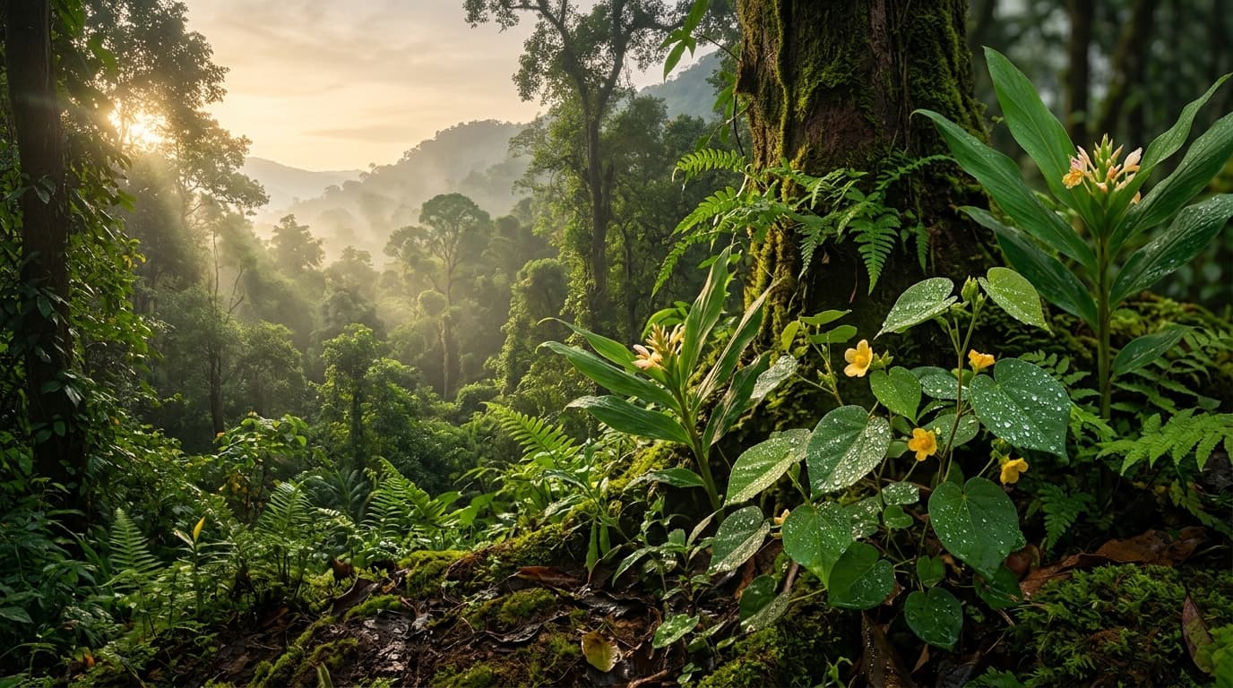 Lush misty botanical rainforest in the Western Ghats of Kerala