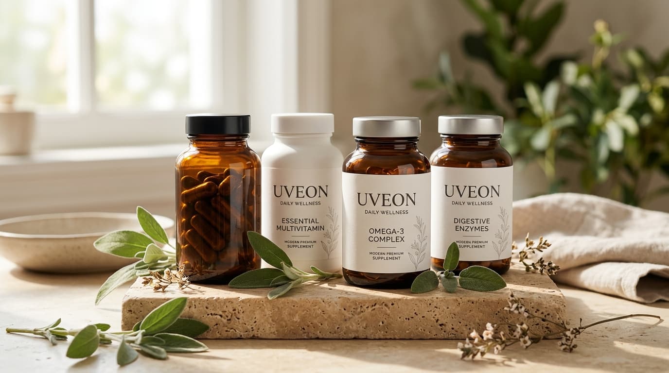 Uveon Botanics luxury wellness supplements in a serene botanical setting